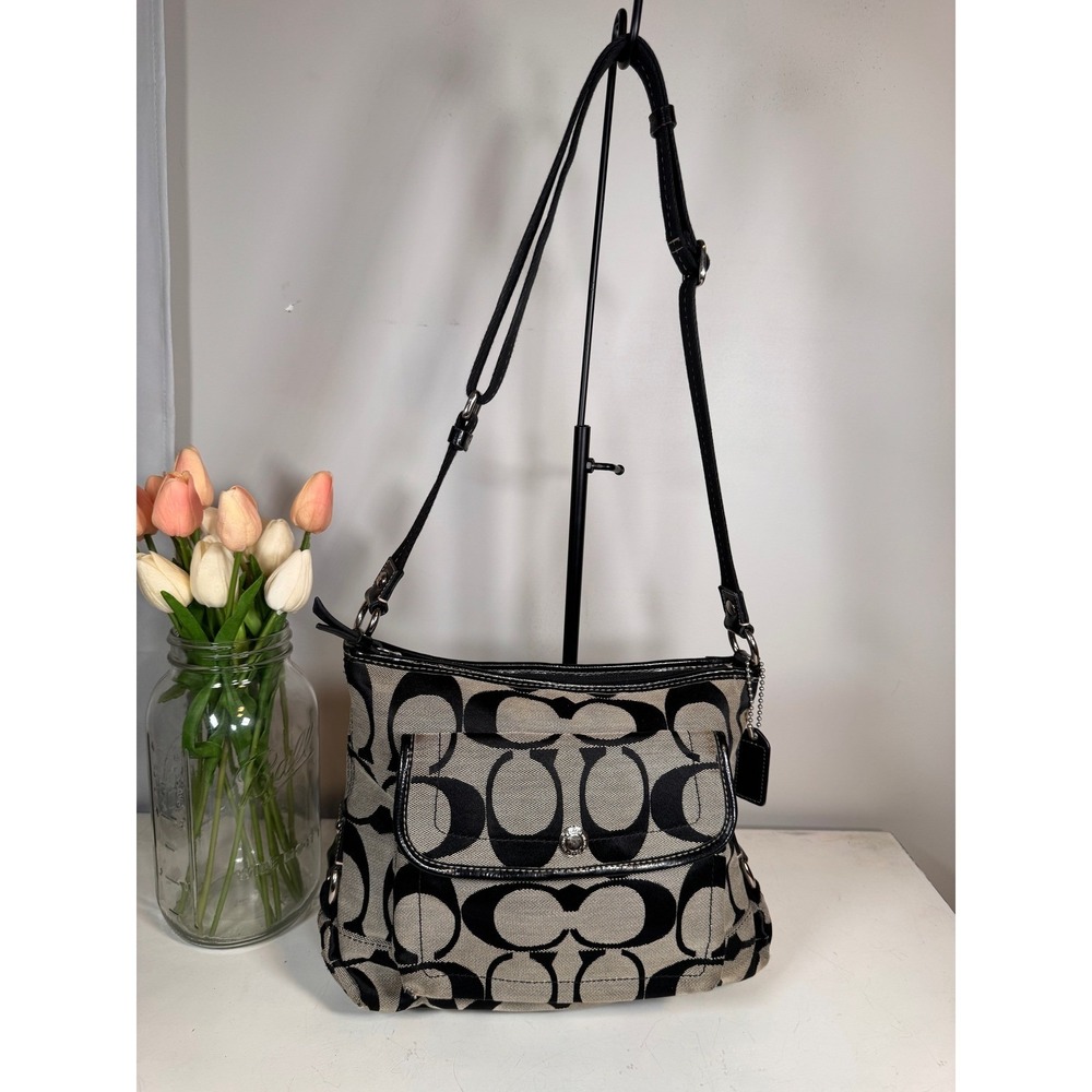 Coach Signature Daisy File Bag Black Grey Jacquard Crossbody F16558